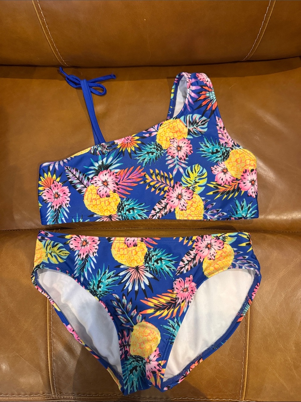 Kids Pineapple Floral One-Shoulder Bikini - Blue